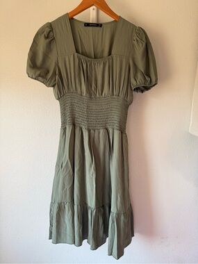 Hesperus Olive Green Smocked Midi Dress